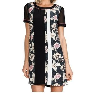 100% silk Mod floral midi shift dress with mesh accents